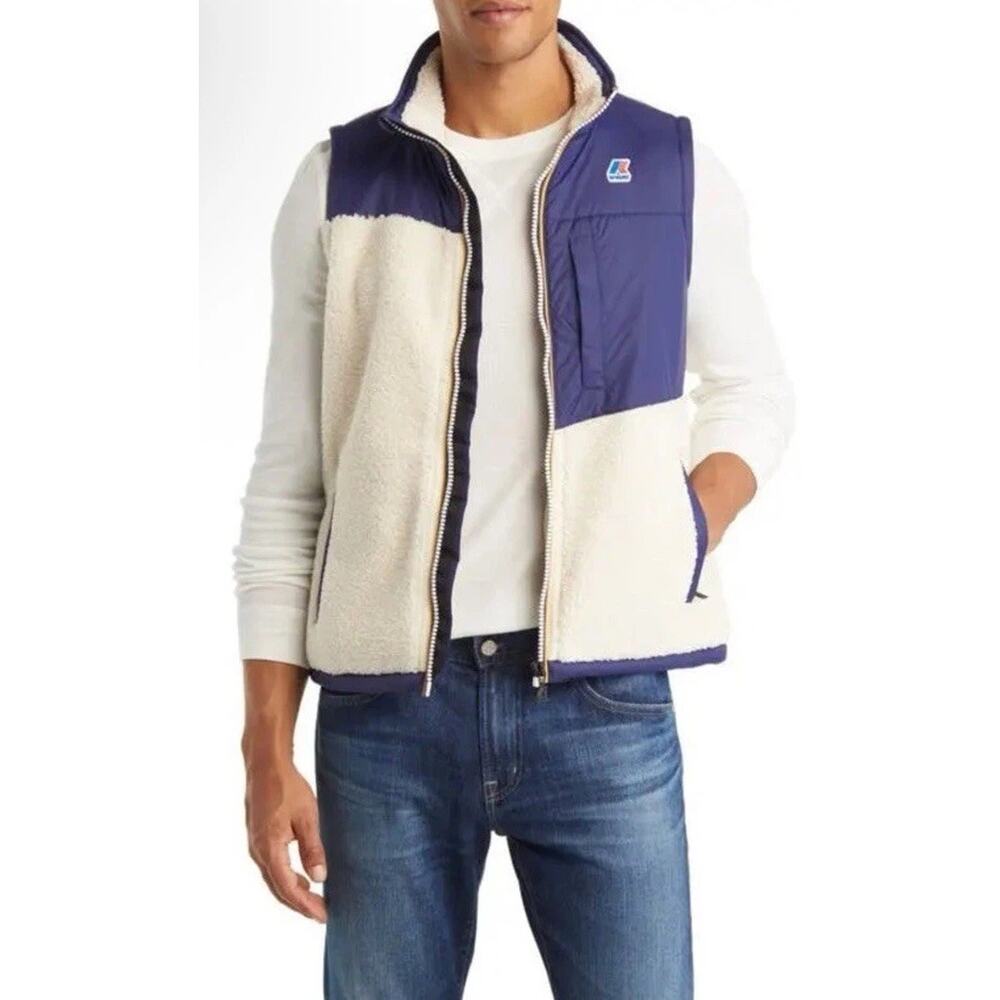 K-WAY Men's Neize Orsetto Fleece Vest - Blue Medieval-Ecru Sz Small NWT